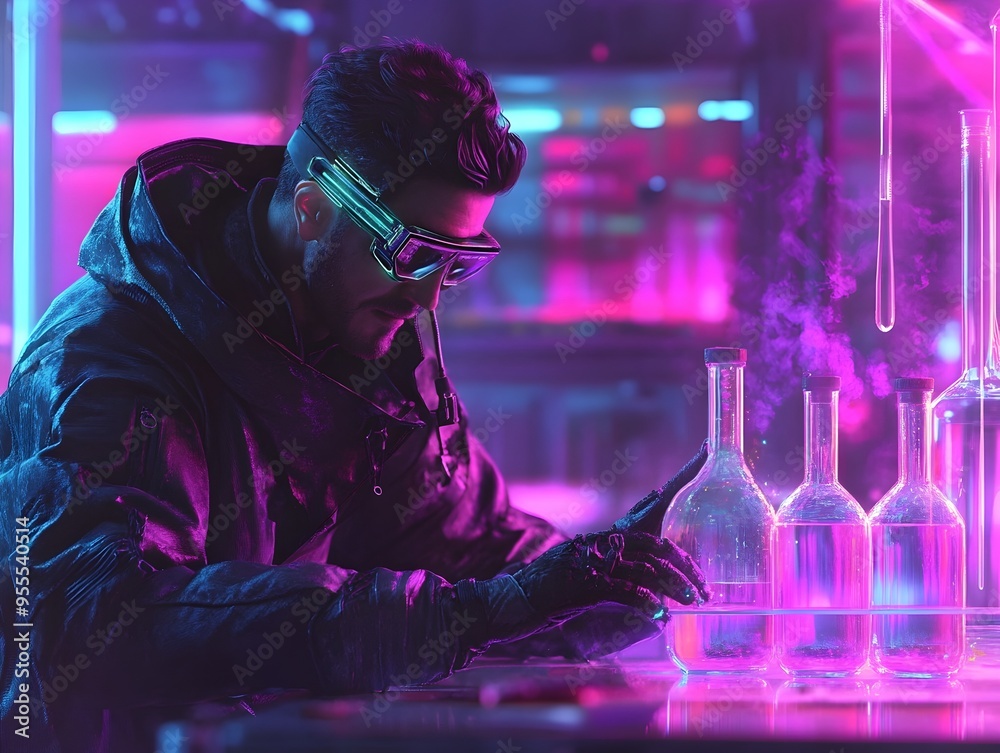 Obraz premium Technomancer Monitors Prismatic Potion Reaction in Neon Lit Laboratory