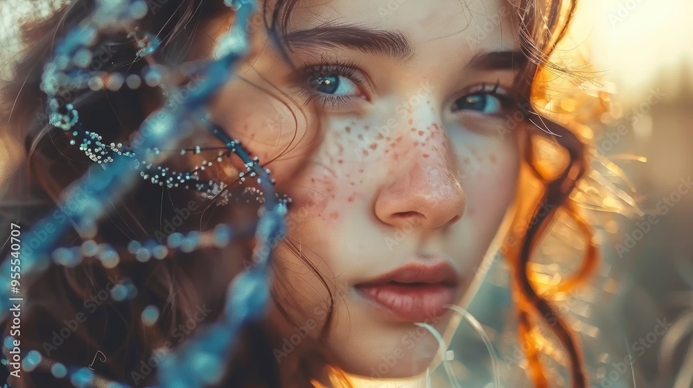 Portrait of a Young Woman with Freckles and Dewdrops in Her Hair Portrait of a Young Woman with Freckles and Dewdrops in Her Hair