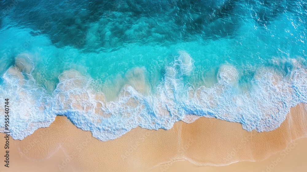 Obraz premium Drone view of a bright blue sea with waves splashing and a golden sandy beach stretching out under the sun