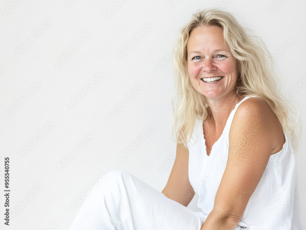 elderly adult elegant woman with grey hair in white clothes posing on white background, smiling natural look, skin with wrinkles elderly adult elegant woman with grey hair in white clothes posing on white background, smiling natural look, skin with wrinkles