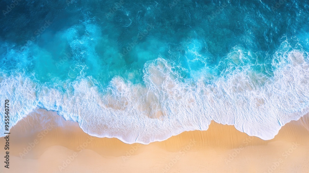 Drone view of a bright blue sea with waves splashing and a golden sandy beach stretching out under the sun Drone view of a bright blue sea with waves splashing and a golden sandy beach stretching out under the sun