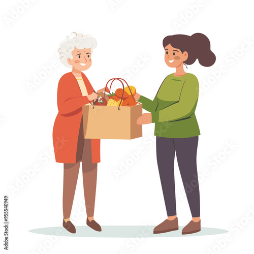 Assistance for elderly woman. Young girl give shopping package with food to pensioner and senior. Volunteer and activists of chariable foundation give eating. Flat vector illustration