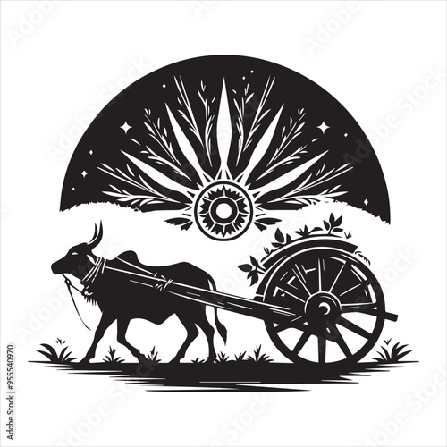 bullock cart wheel silhouette vector With White Background