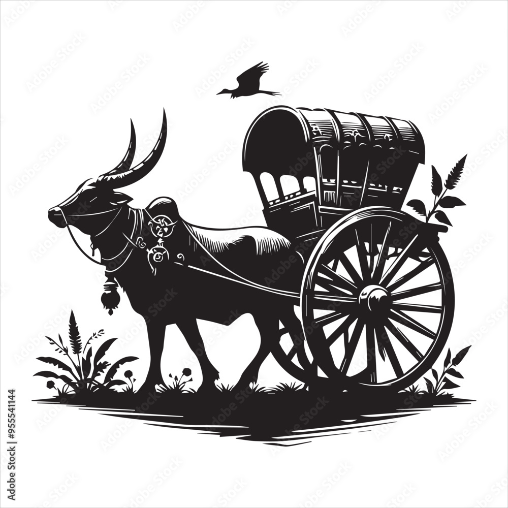 Fototapeta premium bullock cart wheel silhouette vector With White Background