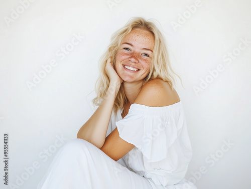 portrait of elegant pretty young blond woman in white clothes blouse smiling posing on white background, pretty cute candid beauty portrait, natural look