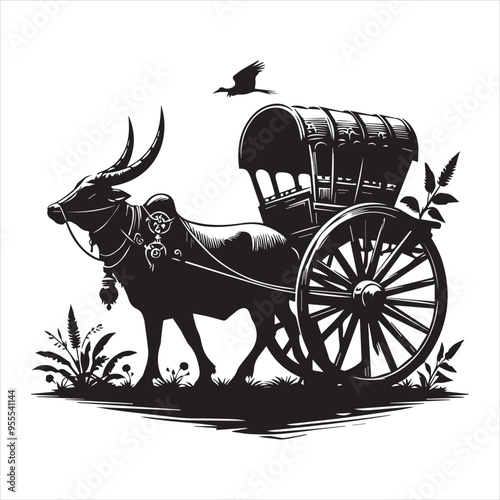bullock cart wheel silhouette vector With White Background