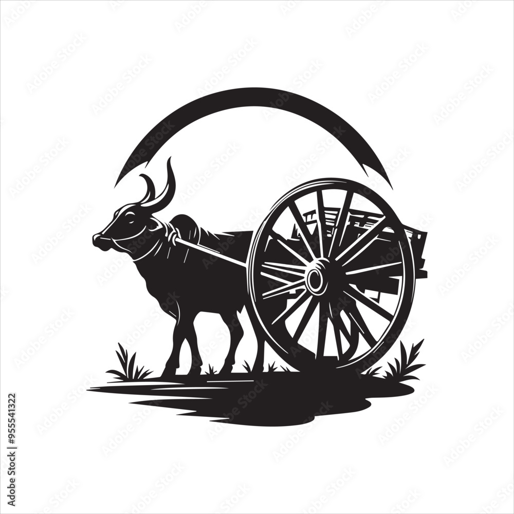 Fototapeta premium bullock cart wheel silhouette vector With White Background
