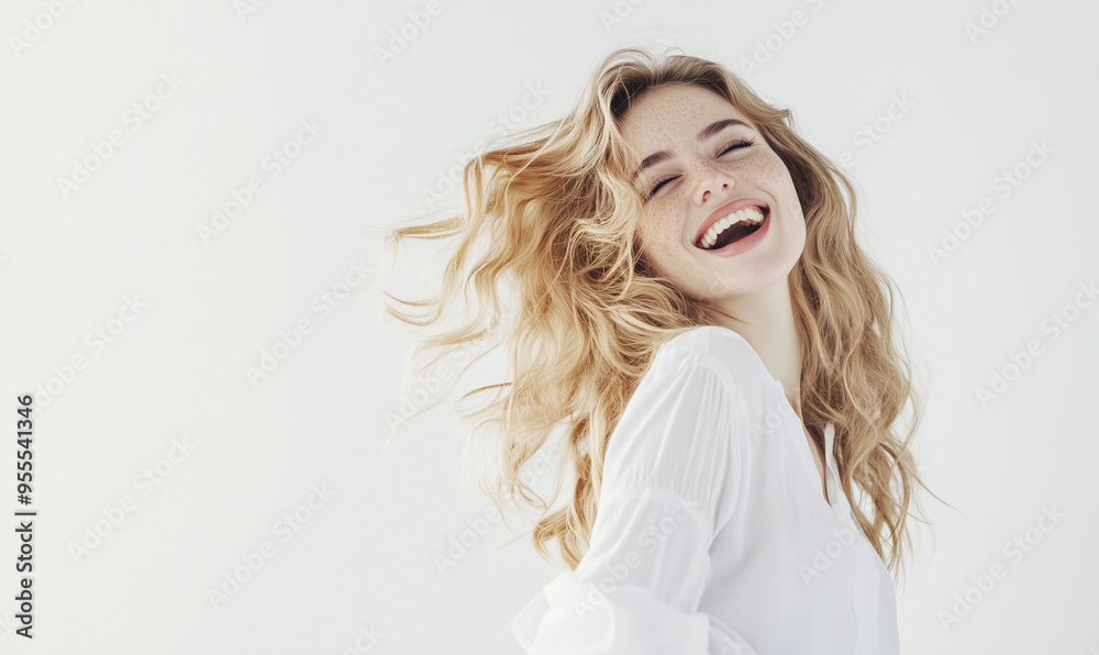 portrait of happy emotional smiling pretty young blond woman in white clothes blouse posing on white background, pretty cute candid beauty portrait, natural look portrait of happy emotional smiling pretty young blond woman in white clothes blouse posing on white background, pretty cute candid beauty portrait, natural look