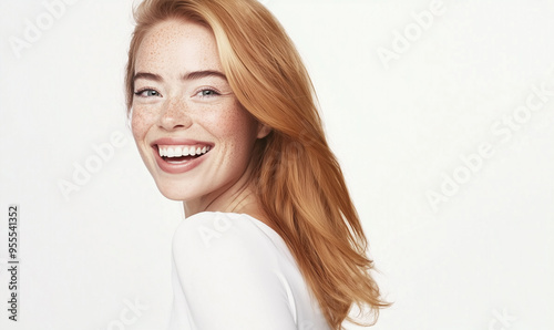 portrait of elegant pretty young blond woman in white clothes blouse smiling posing on white background, pretty cute candid beauty portrait, natural look