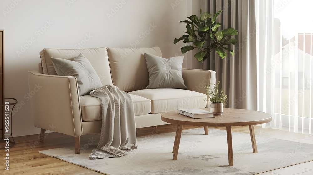 A cozy loveseat sofa placed near a round accent coffee table in a Scandinavian home interior design of a modern living room in a farmhouse. The loveseat has a beige fabric and wooden legs. A cozy loveseat sofa placed near a round accent coffee table in a Scandinavian home interior design of a modern living room in a farmhouse. The loveseat has a beige fabric and wooden legs.