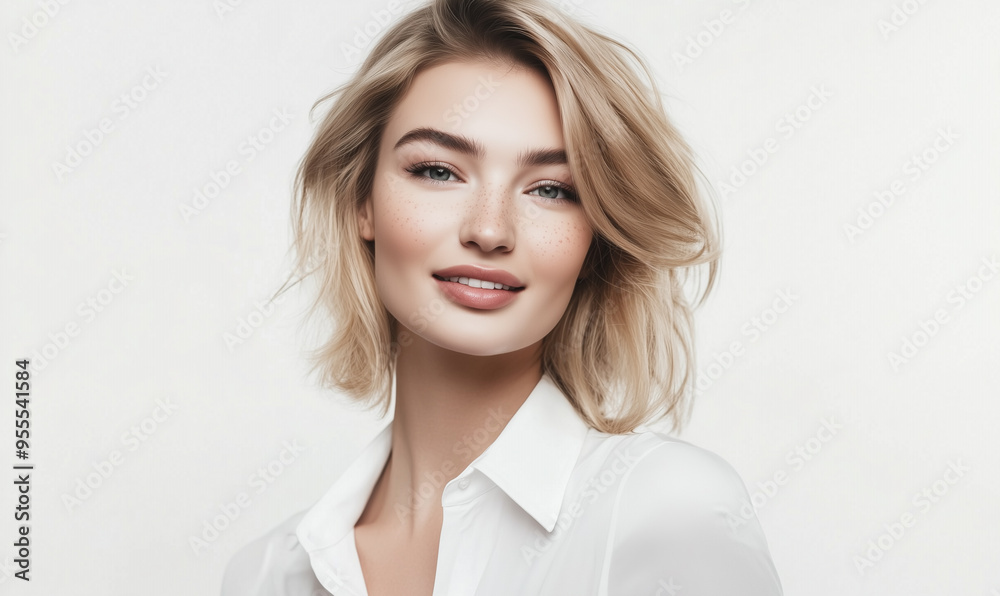 portrait of elegant pretty young blond woman in white clothes blouse smiling posing on white background, pretty cute candid beauty portrait, natural look portrait of elegant pretty young blond woman in white clothes blouse smiling posing on white background, pretty cute candid beauty portrait, natural look