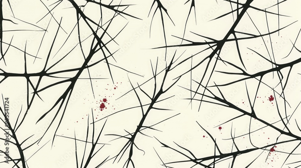 Abstract Black Branches with Red Splashes on Beige Background Abstract Black Branches with Red Splashes on Beige Background