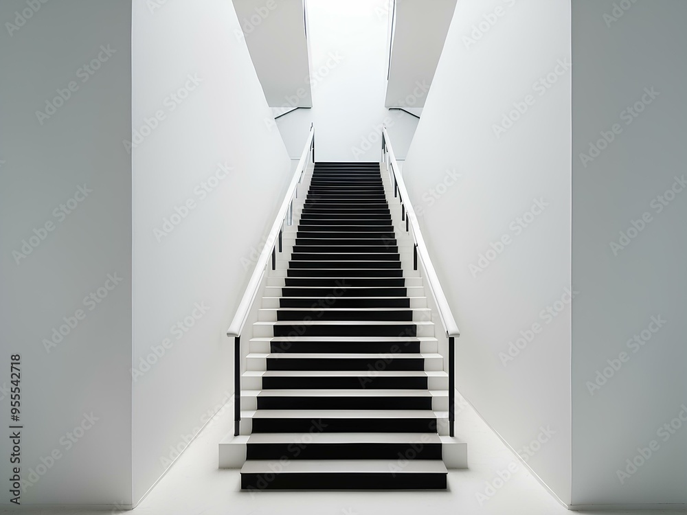 Fototapeta premium modern indoor staircase with sleek white walls and minimalist design leading upwards, creating a sense of simplicity and elegance