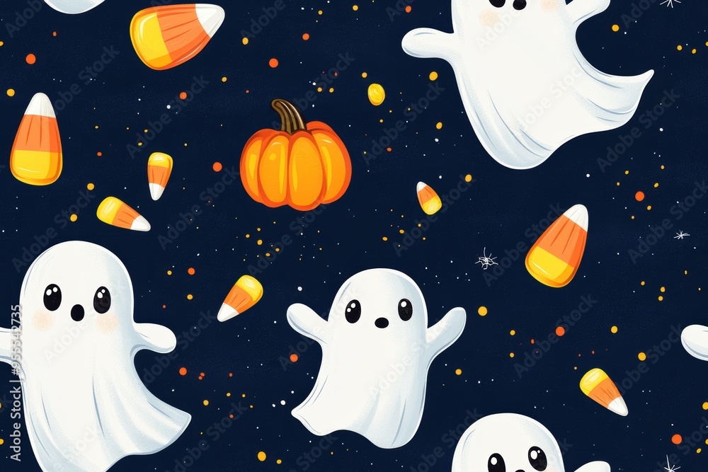 A delightful Halloween-themed seamless pattern featuring cute ghosts, candy corn, and a pumpkin against a dark starry background A delightful Halloween-themed seamless pattern featuring cute ghosts, candy corn, and a pumpkin against a dark starry background
