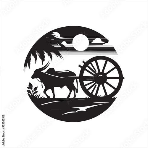 bullock cart wheel silhouette vector With White Background