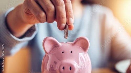 A person is dropping a coin into a pink piggy bank, symbolizing saving money and financial planning