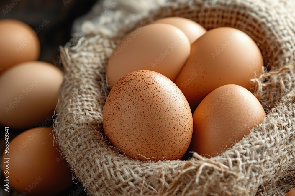 Fresh organic brown eggs resting in a burlap sack Fresh organic brown eggs resting in a burlap sack