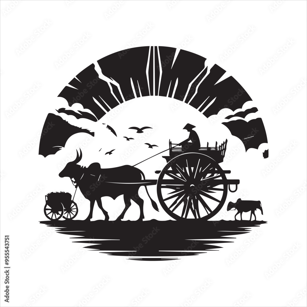 Fototapeta premium bullock cart wheel silhouette vector With White Background