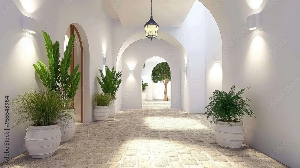 The courtyard showcases elegant arches and white walls with black framing, highlighted by a central stone fountain amidst a tranquil night sky The courtyard showcases elegant arches and white walls with black framing, highlighted by a central stone fountain amidst a tranquil night sky