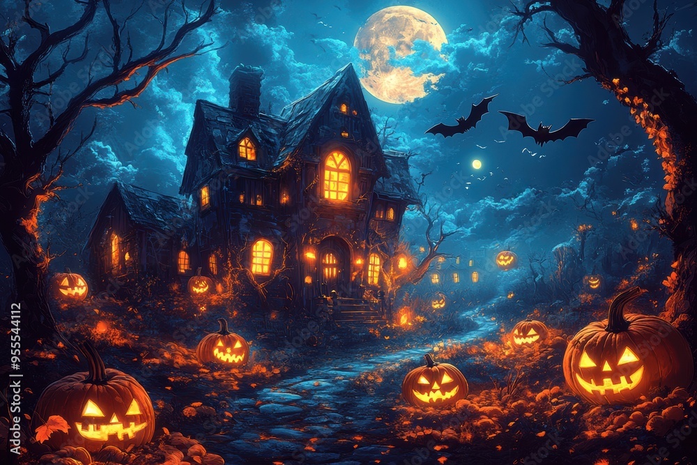 A spooky Halloween scene featuring a haunted house, glowing jack-o'-lanterns, bats, and a bright full moon illuminating the dark, eerie atmosphere