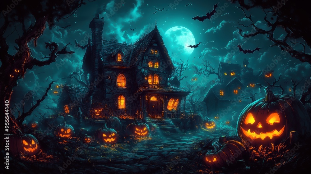 A spooky Halloween scene featuring a haunted house, glowing pumpkins, bats, and a full moon illuminating a dark, eerie atmosphere A spooky Halloween scene featuring a haunted house, glowing pumpkins, bats, and a full moon illuminating a dark, eerie atmosphere