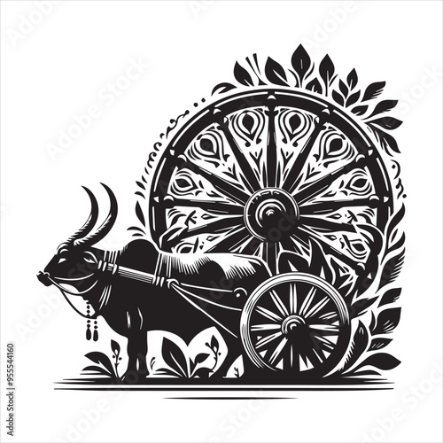 bullock cart wheel silhouette vector With White Background
