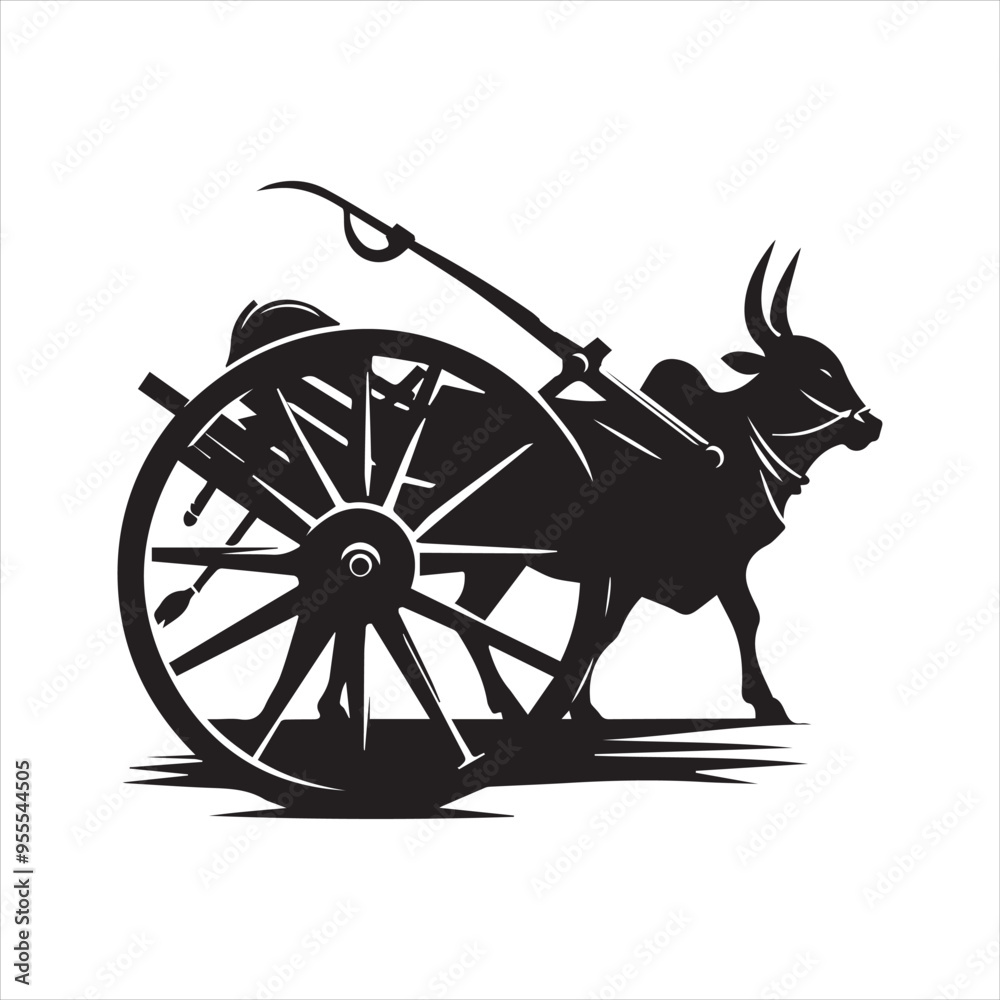 Fototapeta premium bullock cart wheel silhouette vector With White Background