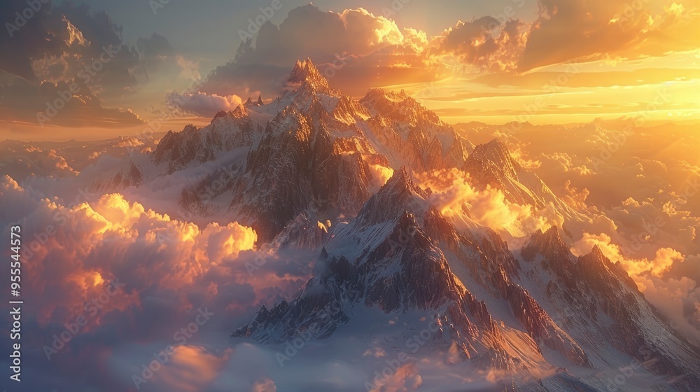 Majestic Mountain Peaks at Sunset with Golden Clouds Majestic Mountain Peaks at Sunset with Golden Clouds