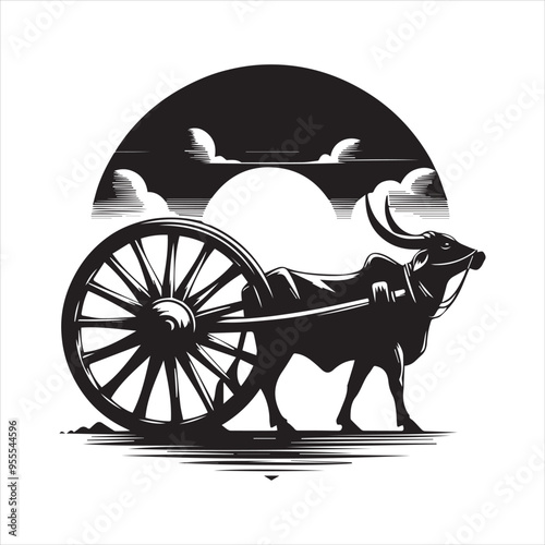 bullock cart wheel silhouette vector With White Background