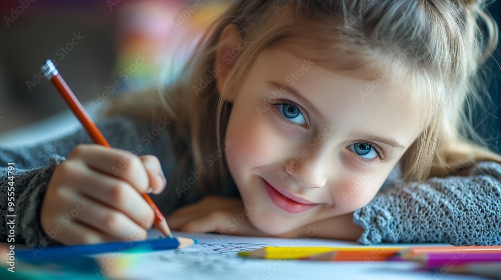 The child draws with pencils. The girl does her homework. The child draws with pencils. The girl does her homework.