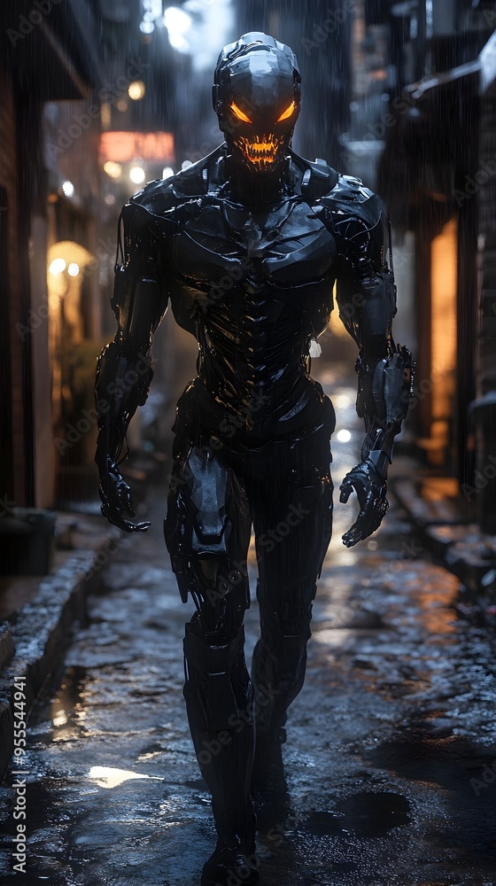 Cyborg vampire with skeletal mechanical visage lurking in dimly lit rain soaked urban alleyway on Cyborg vampire with skeletal mechanical visage lurking in dimly lit rain soaked urban alleyway on