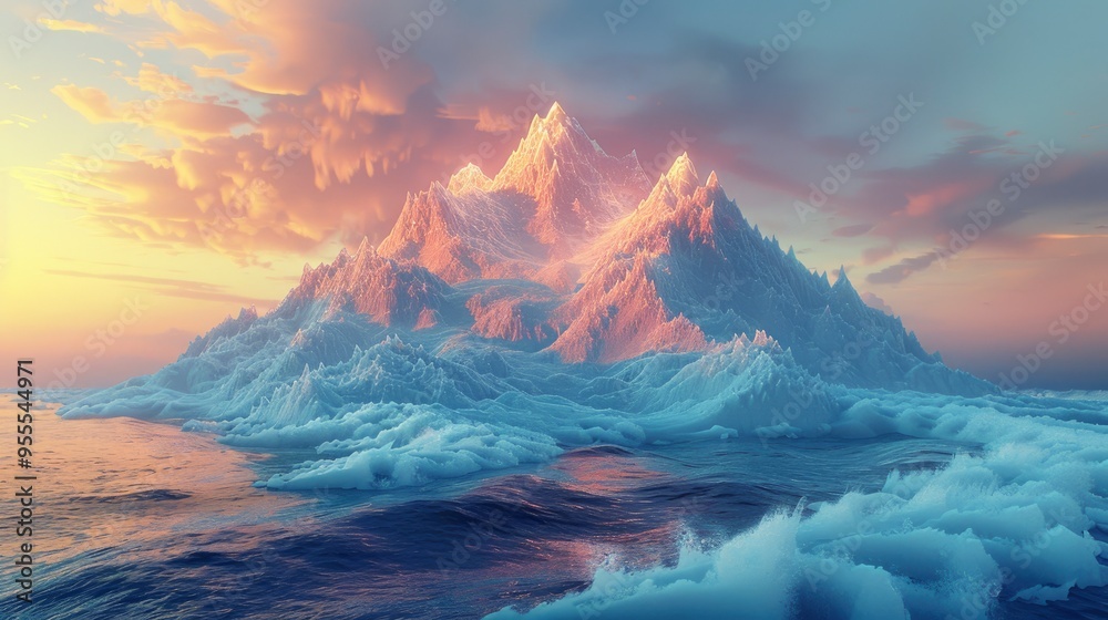 Fototapeta premium Majestic Mountain Peak Emerging from the Sea at Sunset