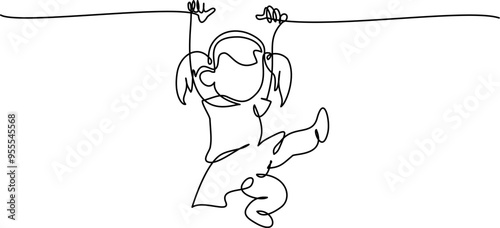 Child have fun hanging on branch. Playground. Kid weighs on rings upside down