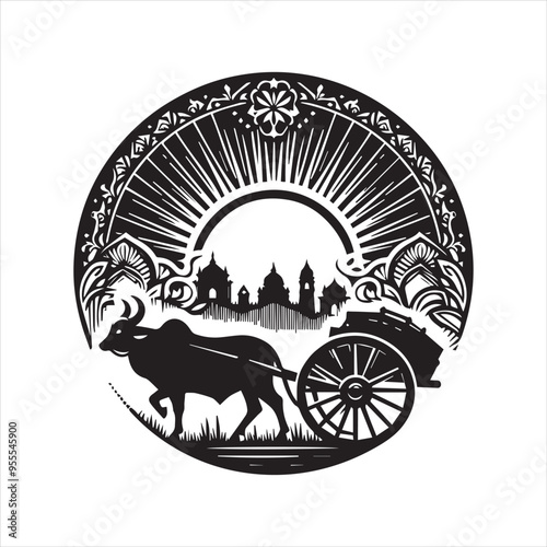 bullock cart wheel silhouette vector With White Background
