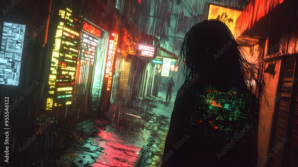 Ethereal Spectre Haunting Neon Lit Alleyway with Crackling Electromagnetic Energy