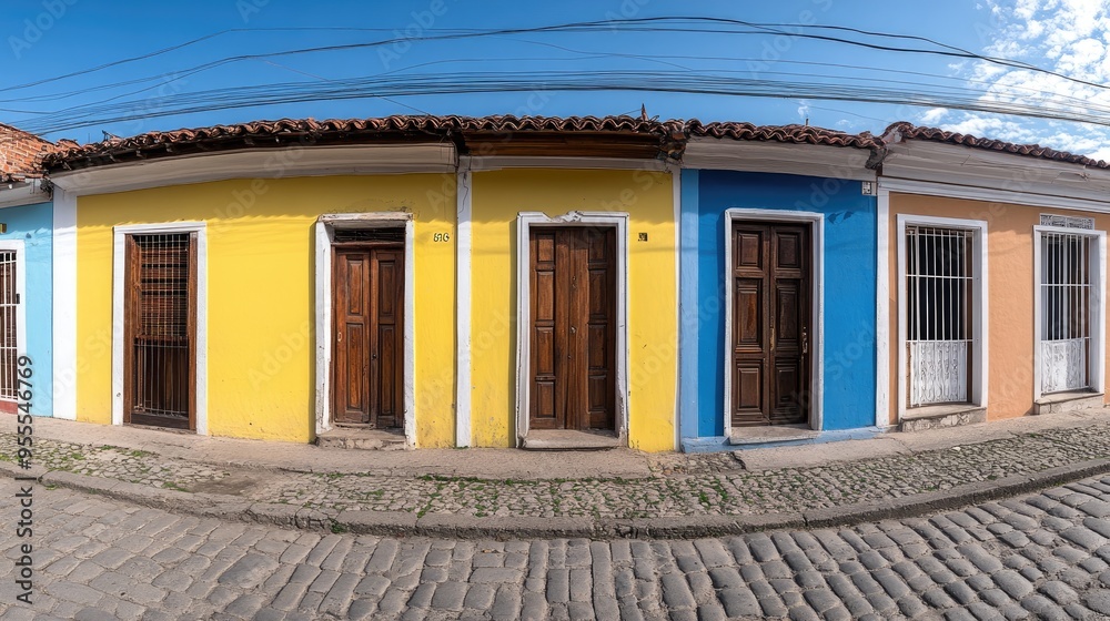 The colonial building in Santino de Laittedo features a vibrant yellow exterior with white accents and iron doors, against a bright blue sky, embodying Cuban architecture The colonial building in Santino de Laittedo features a vibrant yellow exterior with white accents and iron doors, against a bright blue sky, embodying Cuban architecture