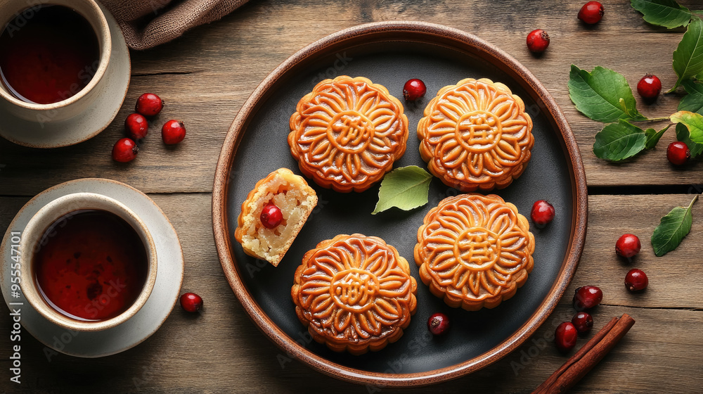 mooncakes on table, top view, stylish food photo, mid autumn festival, september 17, reunification day, traditional chinese treat, food, baking, national meal, holiday, celebration, China mooncakes on table, top view, stylish food photo, mid autumn festival, september 17, reunification day, traditional chinese treat, food, baking, national meal, holiday, celebration, China
