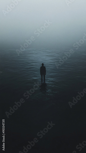 Deep Underwater Canyon with Lone Diver, Dark and Mysterious Scene Evoking Thalassophobia, Isolated Scuba Diver Exploring Eerie Ocean Depths with Towering Rocky Walls and Minimal Light
 photo