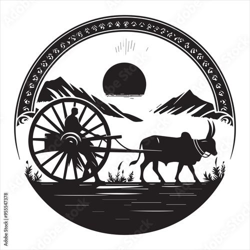 bullock cart wheel silhouette vector With White Background