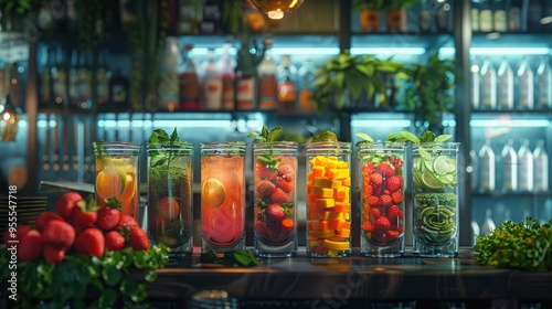 Refreshing Fruit Infused Drinks on Bar Counter