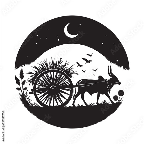 bullock cart wheel silhouette vector With White Background