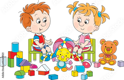 Happy little boy and girl playing with their funny colorful toys in a nursery room, vector cartoon illustration on a white background