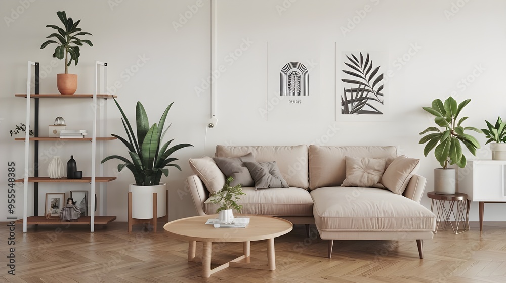 A Scandinavian style modern living room with beige sofas, a round wooden coffee table, and a white wall with posters.