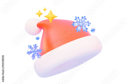 Red vector Santa hat with crystal snowflakes. Festive décor for the design of banners, social networks of the winter season. 3D vector illustration photo