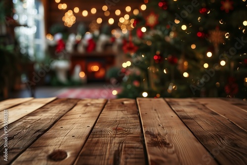 empty wooden table, Christmas decorated room in background, mockup, festive, evening photo