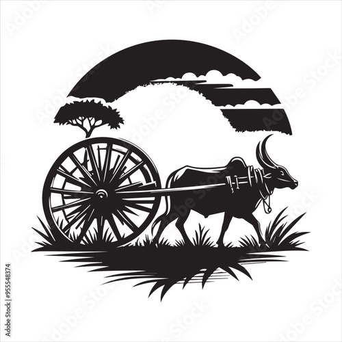 bullock cart wheel silhouette vector With White Background