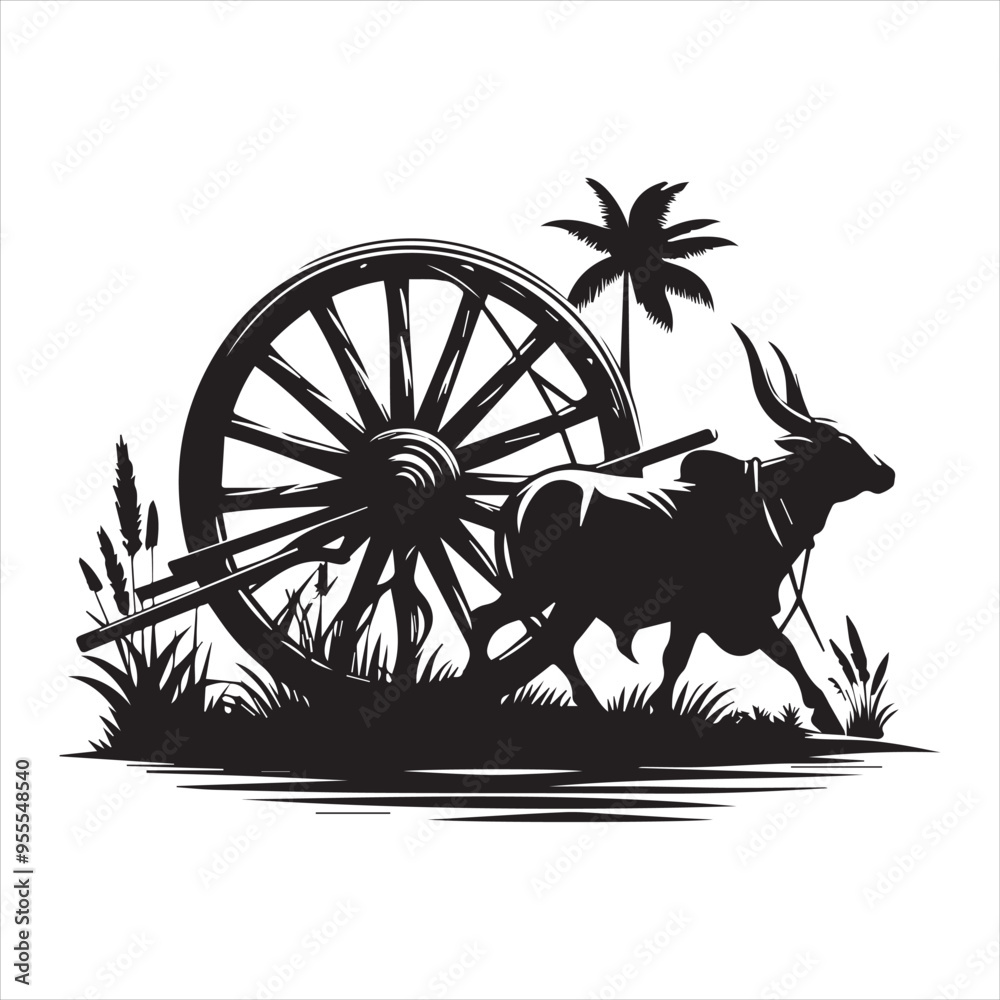 Fototapeta premium bullock cart wheel silhouette vector With White Background