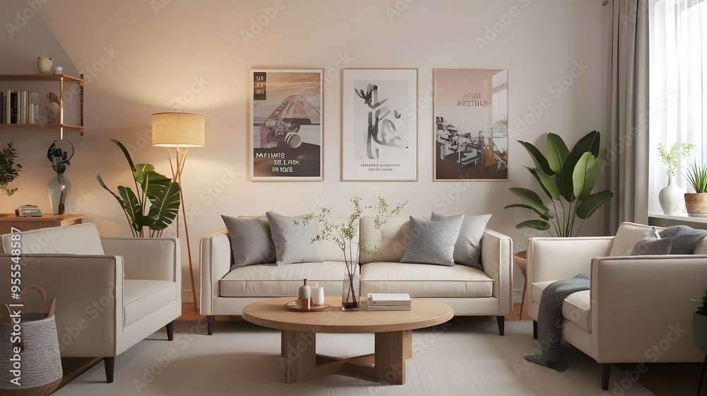 A Scandinavian style modern living room with beige sofas, a round wooden coffee table, and a white wall with posters. A Scandinavian style modern living room with beige sofas, a round wooden coffee table, and a white wall with posters.