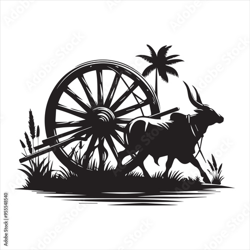 bullock cart wheel silhouette vector With White Background