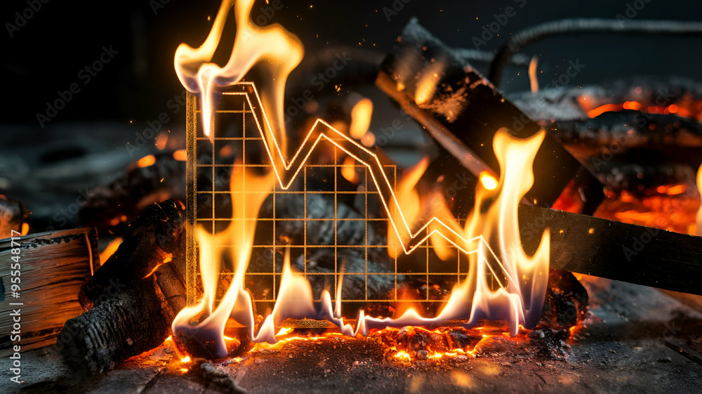 Burning Financial Graph Descending Line Engulfed in Flames and Embers - Symbol of Economic Decline, Risk, and Crisis on a Dark Background Burning Financial Graph Descending Line Engulfed in Flames and Embers - Symbol of Economic Decline, Risk, and Crisis on a Dark Background